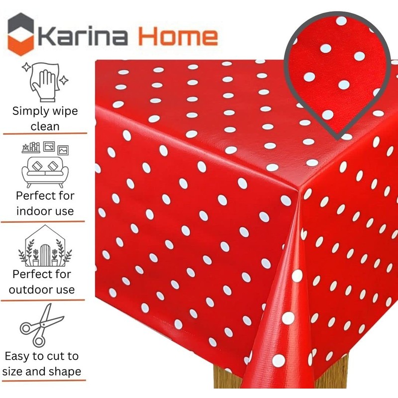 Karina Home Polka Dotty PVC Wipe Clean Tablecloth Vinyl (Red,