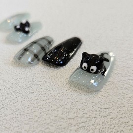Black Cat Handmade Nail Tips - Natural / 검은 고양이 수제네일팁 - 내츄럴