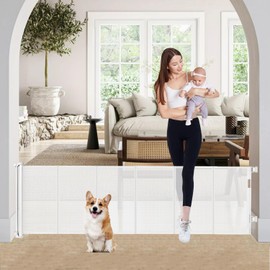24" Tall X 80" Wide Retractable Baby Gates, Short Dog Gates to Step Over, Reinforced Mesh Pet Gate with Support Rods, Small Puppy Gates for The House, White