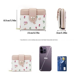 AdiStylinno Wallets for Women, Compact PU Leather Wallet Cute Butterfly Snap Card Holder with Front Pocket and Zipper Pocket (Pink)