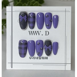 Amethyst Charcoal Ribbon ㅣ What are we doing with our nails? Handmade nail tips - Medium Oval / 자수정 차콜 리본 ㅣ 우리네일뭐해 수제 네일팁 - 미디엄 오벌