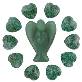 mookaitedecor Green Aventurine Crystal Guardian Angel Ornament & Green Jade Puffy Heart Healing Crystals Love Stone,Palm Worry Stones