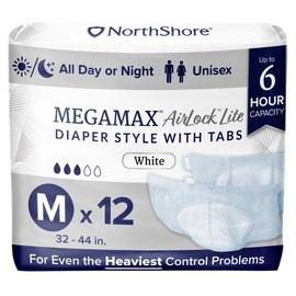 NorthShore MegaMax AirLock Lite Breathable 6-Hour Tab-Style Adult Diapers, Medium, 12 Count Bag, White, 32-44 inches, Unisex Incontinence Underwear