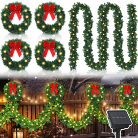 2 Pcs 9 ft Christmas Fence Outdoor Decorations with Solar Light 4 Pcs 12'' Large Prelit Christmas Wreath with Bow 2 Pcs Christmas Garland for Holiday Outdoor Fence Yard Patio Garden Balcony