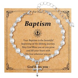 Vexilon White Pearl Bracelet with Cross Charm, Adjustable Cross Communion Bracelet, Baptism Gifts for Girls, First Communion Gifts