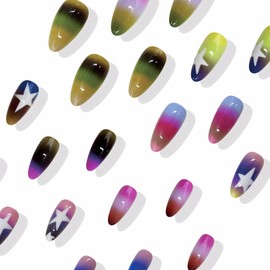 BABALAL Press on Nails Medium Almond Fake Nails Colorful Ombre Y2k Glue on Nails Star Design Acrylic Nails 24Pcs Stiletto Full Cover False Nails Art Diy Nails for Women Girls