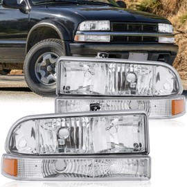 KUIPERAUTO Headlights Assembly Compatible for 1998-2004 Chevy Blazer S10 Pickup SUV w/Bumper Lights Chrome Housing Amber Reflector