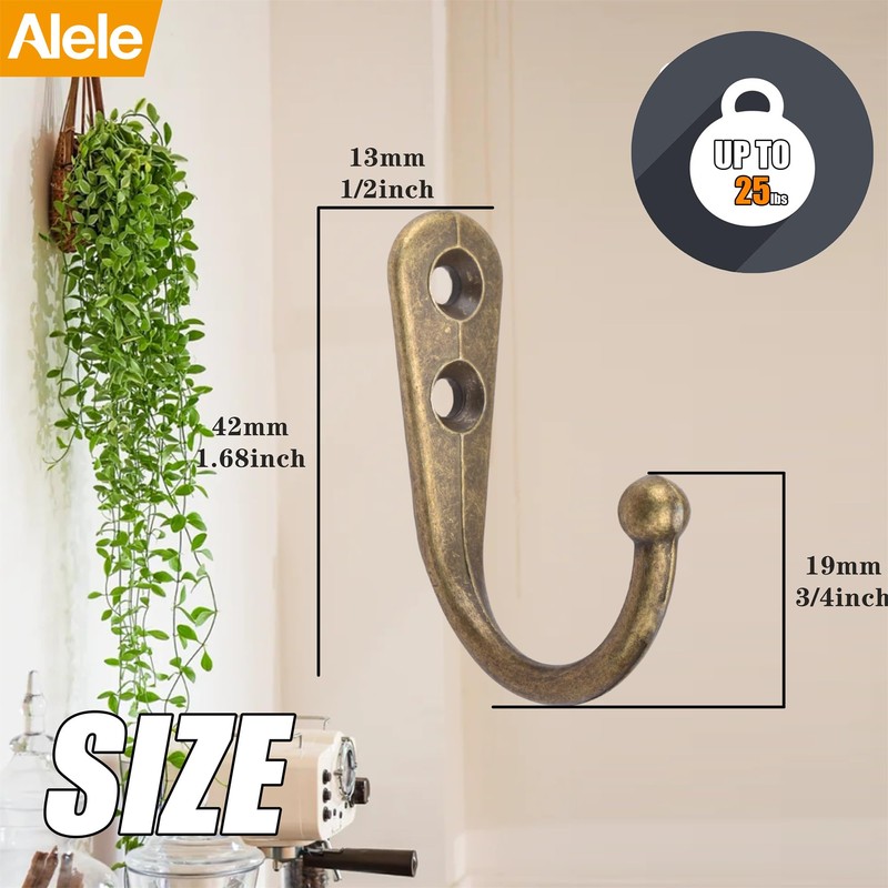 Alele 12Pcs Brass Wall Hooks,Single Prong Hook Hanger,Robe Towel Hooks,Zinc