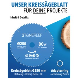 STONE REEF Saw Blade 250 x 30 – Circular Saw Blade [Includes Adapter to Bore 20 & 16 mm], Compatible with Angle Grinders from Bosch, Makita etc. – Saw Blade Circular Saw Nail Proof – for Wood, Metal