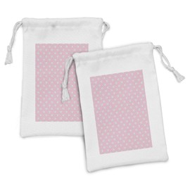 Lunarable Pomeranian Fabric Pouch Set of 2, White Puppies on a Pastel Pink Background with Polka Dots, Small Drawstring Bag for Toiletries Masks and Favors, 9" x 6", Pale Pink White