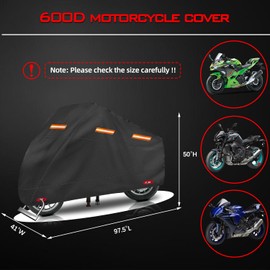 OWEEIO Motorcycle Cover, Heavy Duty 600D Oxford, Waterproof Outdoor, Weather Resistant, Rip-Proof, Anti-UV with 5 Reflective Strips, 2 Lock-Holes, 1 Windproof Strap, 1 Storage Bag (97.5" x 41" x 50")