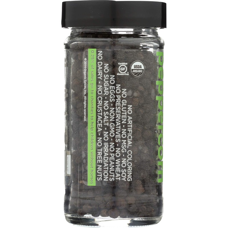 Spicely Organic Peppercorn Black Whole 1.70 Ounce Jar Certified Gluten
