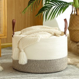 KAKAMAY Large Blanket Basket (20"x13"),Woven Baskets for storage Baby Laundry Hamper,Cotton Rope Blanket Basket for Living Room, Laundry, Nursery, Pillows, Baby Toy chest (White/Beige)