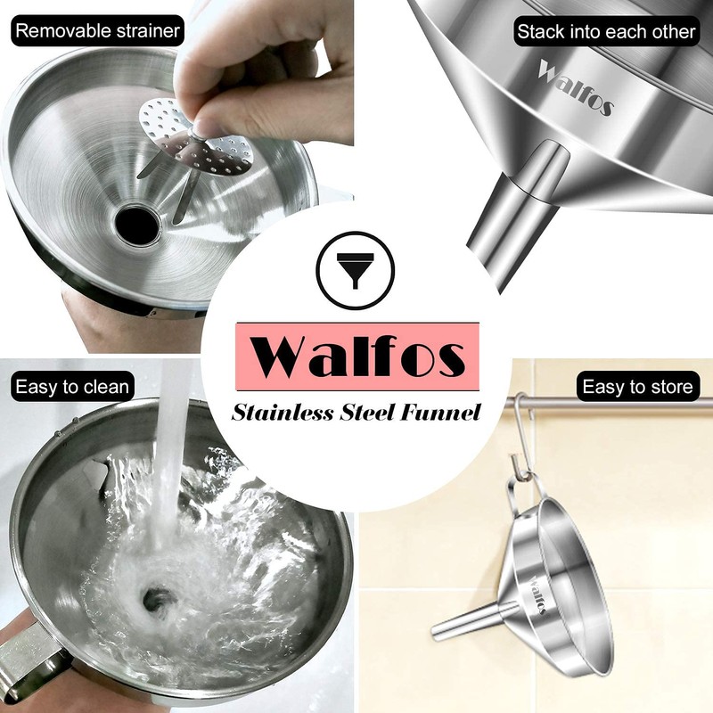 Large Stainless Steel Funnel, Walfos Kitchen Funnel with 2 Removable