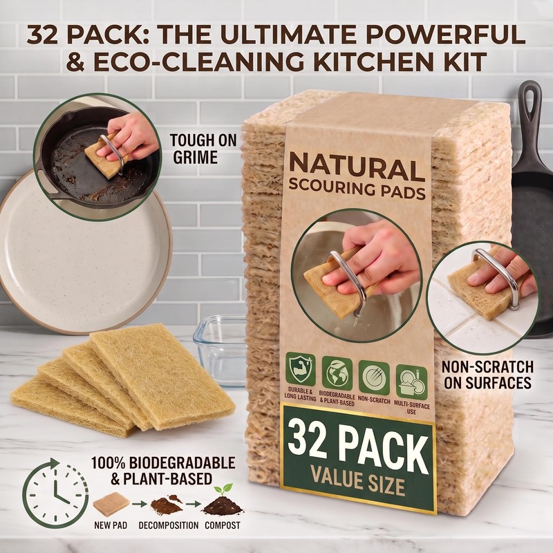32 Pack Natural Scouring Pads, Coconut Husk Non Scratch Dish