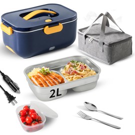 Meng Ke'en Electric Lunch Box 80W/2L Detachable Stainless Steel Container 12V/24V/110V Electric Lunch Box Portable Food Warmer (BlueDouble Compartments)