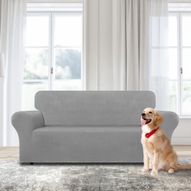 WEERRW Velvet Couch Cover - High Stretch Sofa Slipcovers with Non Skid Foam and Elastic Bottom, Furniture Protector for Pets, Crafted from Soft Plush Fabric, Sliver, Medium