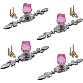 Wannianmu 4 Pack Drawer Dresser Knobs Pull Handles,Rose Flower Clear Crystal Glass Decorative Knobs with Plate,Cabinet Cupboard Door Knobs with Screws for Kitchen Office Decoration (Small -Pink)