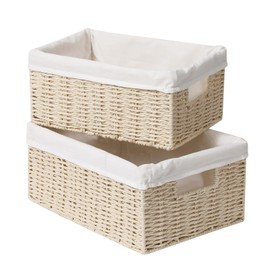 JCUKHA Round Paper Rope Storage Baskets, Rectangular Wicker Storage Baskets for Organizing with Built-in Handles, Large Paper Rope Storage Organizer Baskets for Shelves, Closet, Pantry, 2 Pack, White