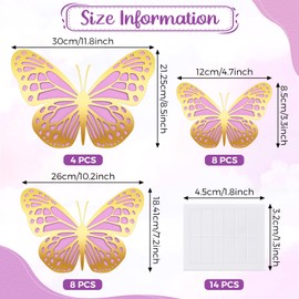 20 Pcs 3D Large Butterfly Party Decoration 2 Layer Giant Paper Butterfly Stickers Big Butterfly Wall Decoration Set Large Butterfly for Birthday Baby Shower Nursery, 3 Size (Gold, Purple)