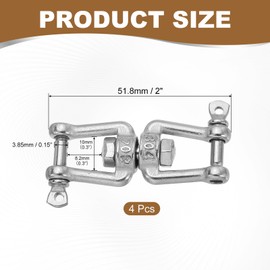 sourcing map Heavy Duty M4 Double Swivel Eye Hook, 304 Stainless Steel Ended Jaw x Jaw Chain Swivel Shackle Ring Connector Load 90 KG/198 lbs for Hanging, Pack of 4