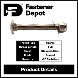 1/4"-20 x 1 (18-8) Stainless Steel Carriage Bolt Kit w/25 Nylon Lock Nuts and 25 Flat Washers, Full Thread, 25 EA - by Fastener Depot, LLC