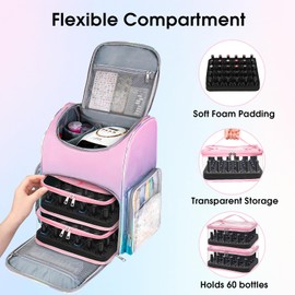 Nail Polish Organizer Bag Large Nail Polish Storage Organizer Case Backpack Holds 60 Bottles and Nail Lamp with 2 Removable Case Professional Nail Supplies Organizer for Manicurist