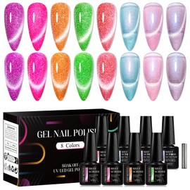 MEET ACROSS Neon Cat Eye Gel Nail Polish Aurora Mermaid Magnetic Nail Polish Kit 8 Colors Glitter Nail Polish with Magnet, Bright Gel Polish Pink Blue Purple Nail Art Manicure Gift