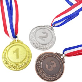 3PCS 1st, 2nd, 3rd Award Medals, 2 Inches Winner Medals Gold Silver Bronze Prizes with Red White Blue Neck Ribbon for Competitions Awards, Olympic Style Party Decorations
