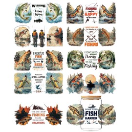 GOMAKERER 10 Sheets UV DTF Cup Wraps, 10 Styles Cartoon Rub on Decals Fishing Make Me Happy Waterproof Transfer Stickers for 16Oz Glass Cups Container Decor