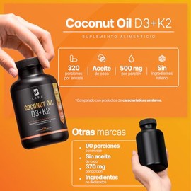 B Life Vitamina D3 400 UI  K2 con 320 Softgels. Alta absorsin. Aceite de Coco, Vitaminas D3 y K2. Ingredientes naturales. Coconut Oil D3  K2.         