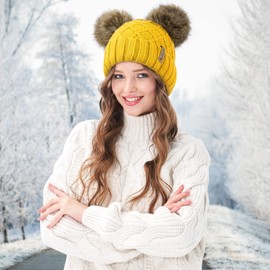 Arctic Paw Winter Cable Knit Fleece Lined Pom Pom Beanie for Women