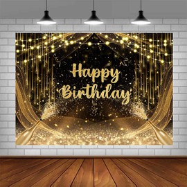 AIBIIN 8x6ft Black and Gold Birthday Backdrop Happy Birthday Photography Background Gold Glitter Birthday Prom Party Decorations Banner Photo Studio Props, Black Gold (SQ425)