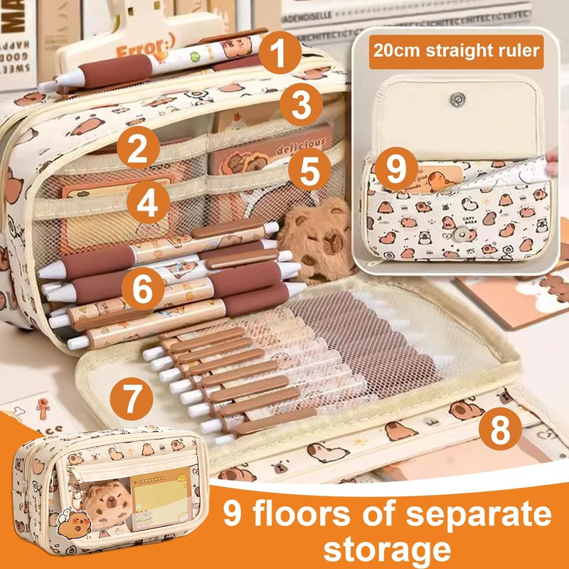 Capybara Pencil Case, Capybara Stationery Set, Multi-Layer Pencil Case with