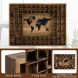 GlikCeil Large Map Slots Shot Glass Display Case Rustic Wood Holder for Different Size Shelf Organizer Wall Mount Pint Shot Glass Storage(Brown,40 x 28'',World Map)