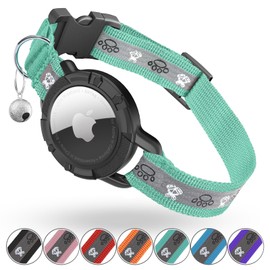 Reflective AirTag Cat Collar, Integrated Cat Tracker Collar with Air Tag Holder and Bell, Safety Elastic Band Cat GPS Collars for Girl Boy Cats, Kittens and Puppies (Green, XS)