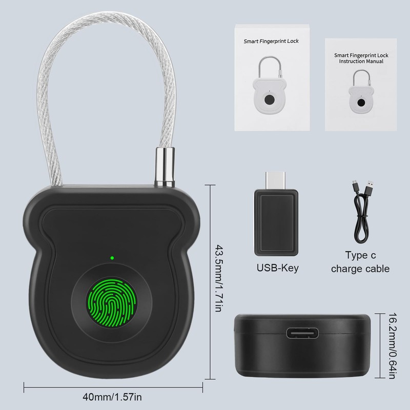 Fingerprint Padlock Lock with Key Backup, Biometric Metal Keyless Thumbprint