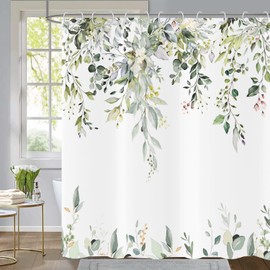 Sage Green Eucalyptus Leaves Shower Curtain, Green and Gold Leaves Spring Botanical Plants Bathroom Curtain Waterproof Fabric Machine Washable with Hooks, 72" Wx72 L