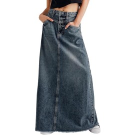 chouyatou Women's Vintage A-Line Frayed Maxi Denim Skirt Distressed High Waist Long Jean Skirt (Small, Blue)