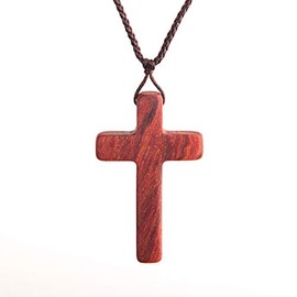 COLORFUL BLING Wood Cross Necklace With Cord String Chain Natural Wooden Pendant Necklace for Men Women Children Catholic Rosary Religious Prayer Jewelry-red sandalwood