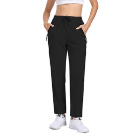 AGVNG Womens Hiking Pants Water Resistant Quick Dry Elastic Waist Drawstring Sweatpants UPF 50+ Lightweight Work Travel Outdoor Casual Black M