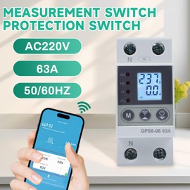 63A WiFi Switch with Surge Protection Overcurrent Smart Meter Switch 2P 230V AC Self-Resetting Function Over/Under Voltage and Over Current Can Be Adjusted (GPS8-06-U)