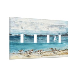 Beach Ocean Sailboat Seabird Summer Watercolors 4 Gang Light Switch Cover Quad Toggle Wall Plate Electrical Faceplate Decorative Switchplate for Bedroom Bathroom Kitchen Decor