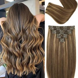 Clip in Hair Extensions Real Human Hair Straight 12 Inch Clip in Hair Extensions Black Women Remy Seamless Clip in Hair Extensions Human Hair Clip in Extensions Chocolate Brown to Caramel Blonde 8PCS