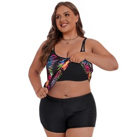 Plus Size Tummy Control Tankini,Two Piece Swimsuit for Women Built in Bra Sleeveless Bathing Suits with Shorts Ladies SPF UPF 50+ Quick Dry Swimwear Black-Base Multicolor Leaf 1X
