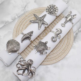 Davifina Ocean Themed Napkin Rings Set of 24 Retro Silver Starfish Shell Lobster Sea Turtle Napkin Holders for Home Wedding Summer Beach Holiday Party Coastal Table Decor
