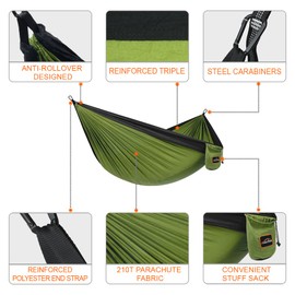 AnorTrek Camping Hammock, Super Lightweight Portable Parachute Hammock with Two Tree Straps Single or Double Nylon Travel Tree Hammocks Olive Green & Black