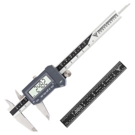 PEC Tools 6 Inch/150mm Digital Caliper & Made in US 6 Inch 16R Rule (32nds,64ths,50ths,100ths), Industrial-Grade Stainless Steel Caliper, IP67 Waterproof & Oil-Resistant, Inch/MM/Fraction Modes