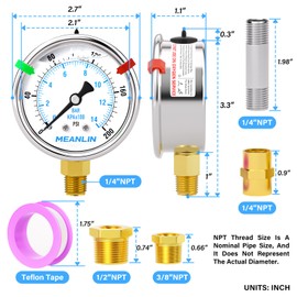 MEANLIN MEASURE 0~200Psi Heater Heavy Liquid Filled Pressure Gauge 1/4" NPT 2.5" FACE DIAL Stainless Steel Lower Mount for Pressure Portable Oil Fired Heaters, with Hex Bushing