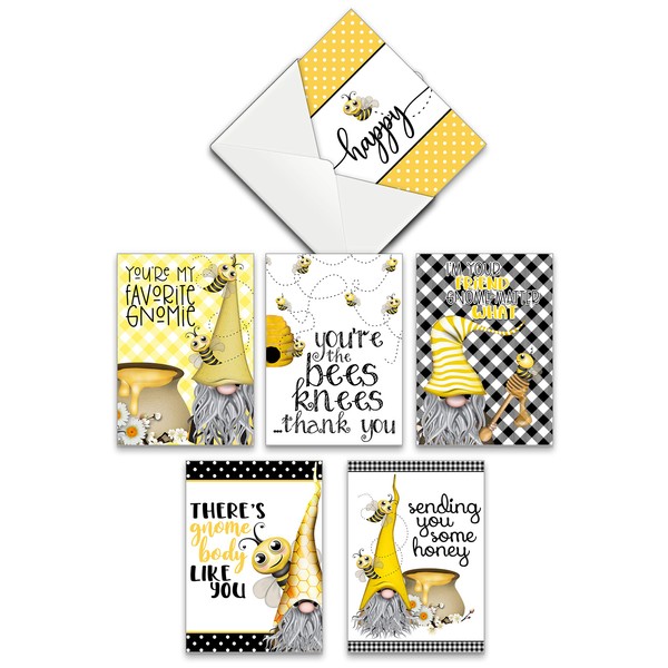 You're My Favorite Gnomie - Bee Hive Gnome Themed Greeting Card Assortment Set (Set of 6) with Envelopes Blank